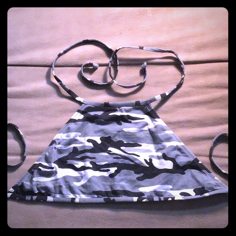 Grayscale Camouflage Halter Swim Top